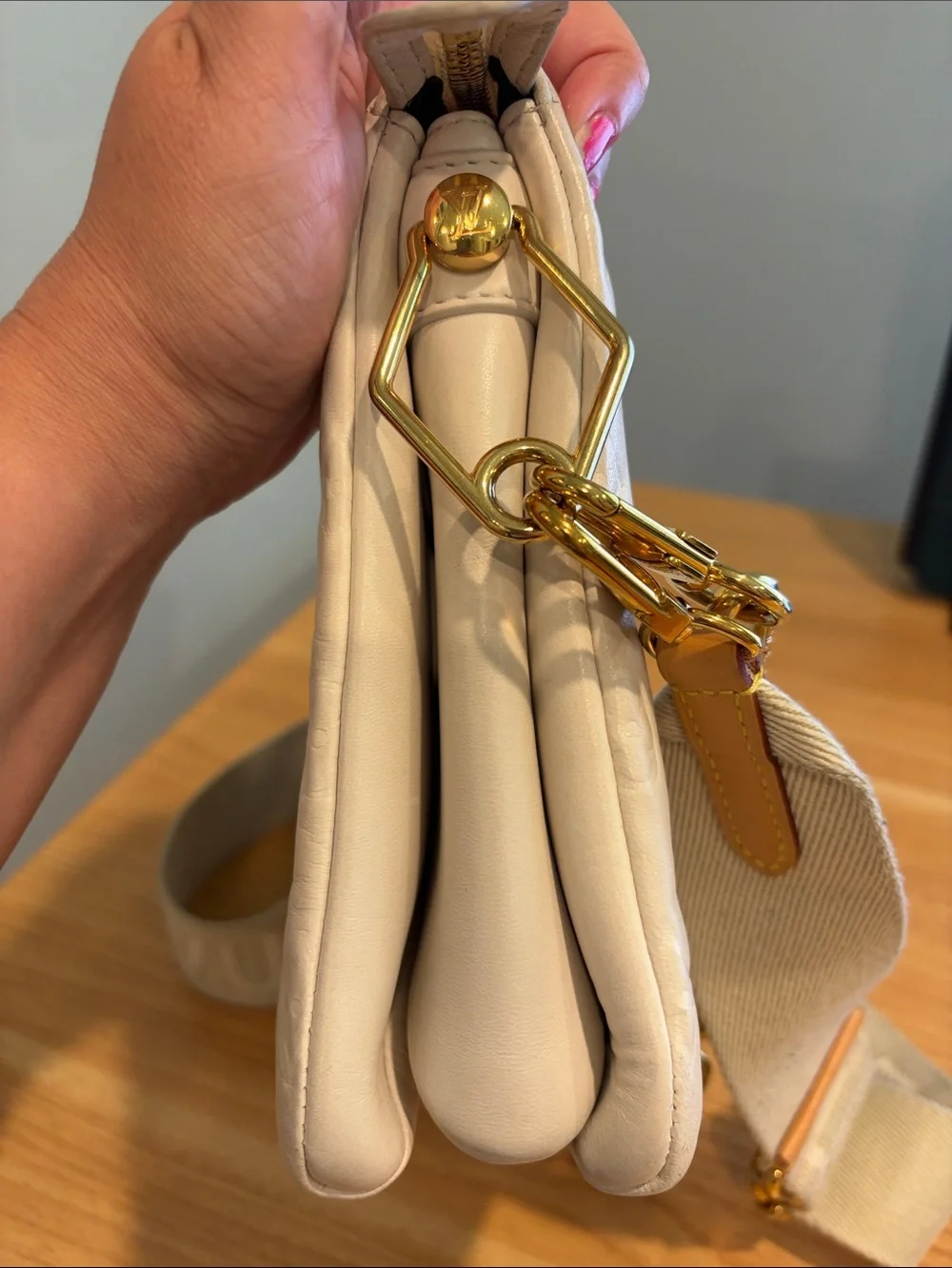 Pre-Loved Louis Vuitton Lambskin Embossed Monogram Coussin PM in Beige/Cream
